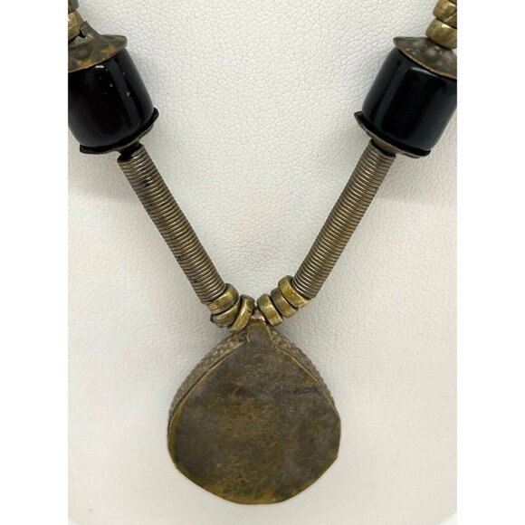 Ethnic Tribal Necklace with Bloodstone Jasper Pendant Brass Setting and Beads - Picture 10 of 15